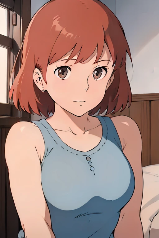 Nausicaa, 1girl, solo, cute, blush, slim, brown hair, (looking at away, cleavage), upper body, large breasts, (white tanktop), sit, bed, (perfect detailed anatomy, beautiful face&eyes, beautiful skin, perfect body)