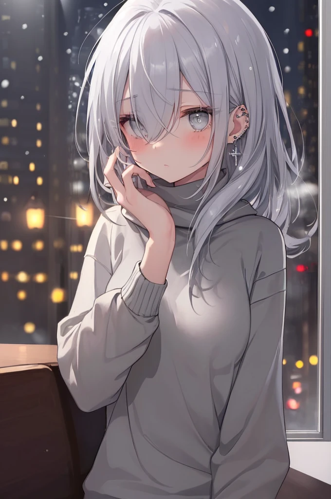 ((masterpiece:1.4, best quality:1.2)), 1girl, solo focus, beautiful skin, blush, grey sweatshirt, long white hair, grey eyes, sitting, earrings, Hands piercing, coffee shop window, night, snowing, cityscape, tall female, beautiful and delicate female, comfy ambience, {detailed background}, hair over one eye, shy, sexy, naked,