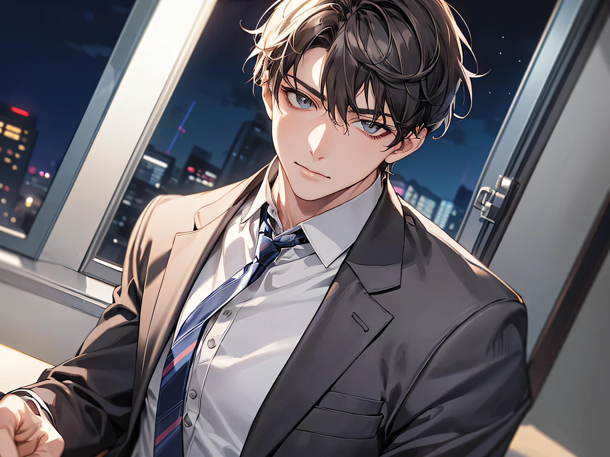 (forties),ビューアーにカベドン,((close up)),dramatic angle,masterpiece,shoot from below, upper body shot, business Suit,tie,man,solo,(40-year-old),Black top, short hair,looking at viewer,office,(night)