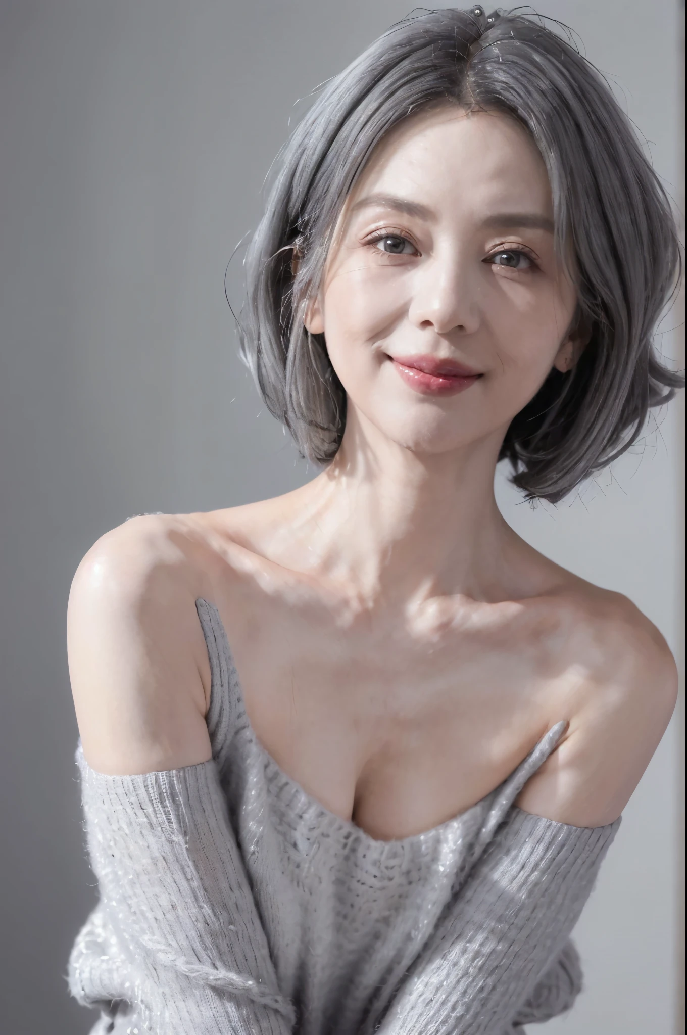 ((((8k))),((Extremely meticulous CG)) ,(wallpaper),16k,((Extremely refined and beautiful)),(((Masterpiece))),(((best qualtiy))),(((Ultra High Resolution))),beautiful light up,Perfect lightning,realistic shaded,[A high resolution],(wrinkle:1.2),(pale skin:1.3),Extremely exquisite facial details,(perfect body:1.1),ultra-detailed,An old woman,(58 years old:1.3),solo,mature,small head,(shoulder length straight bob hair:1.1),(gray hair:1.5),(messy hair:1.2),small face,Exquisite makeup,(small breasts:1.1),flat chests,slim,thin,(laughing:1.2),(sweater:1.3),(day scene:1.5),indoor,(detailed background:1.5),(upper body:1.5),(from front:1.3),