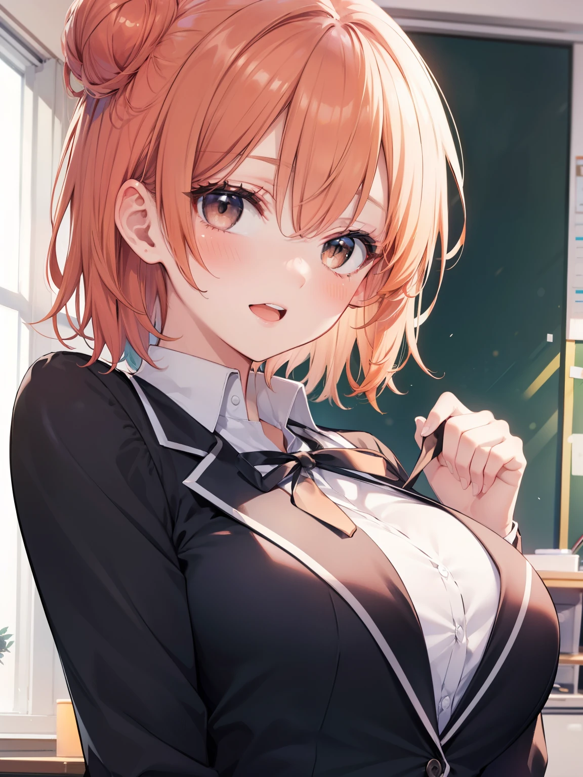 Yuigahama Yui, short hair, (brown eyes), (orange hair), single bun hair,
break 1girl, shirt, ribbon, school uniform, Jacket, white shirt, black Jacket, blazer, sobu high school uniform,
break looking at viewer,
break (masterpiece:1.2), highest quality, High resolution, unity 8k wallpaper, (beautiful and fine eyes), highly detailed face, perfect lighting, Very detailed CG, (perfect hands, perfect anatomy),
smile, (blush), open mouth,
(large breasts:1.4),
classroom,
upper body, focus breasts,