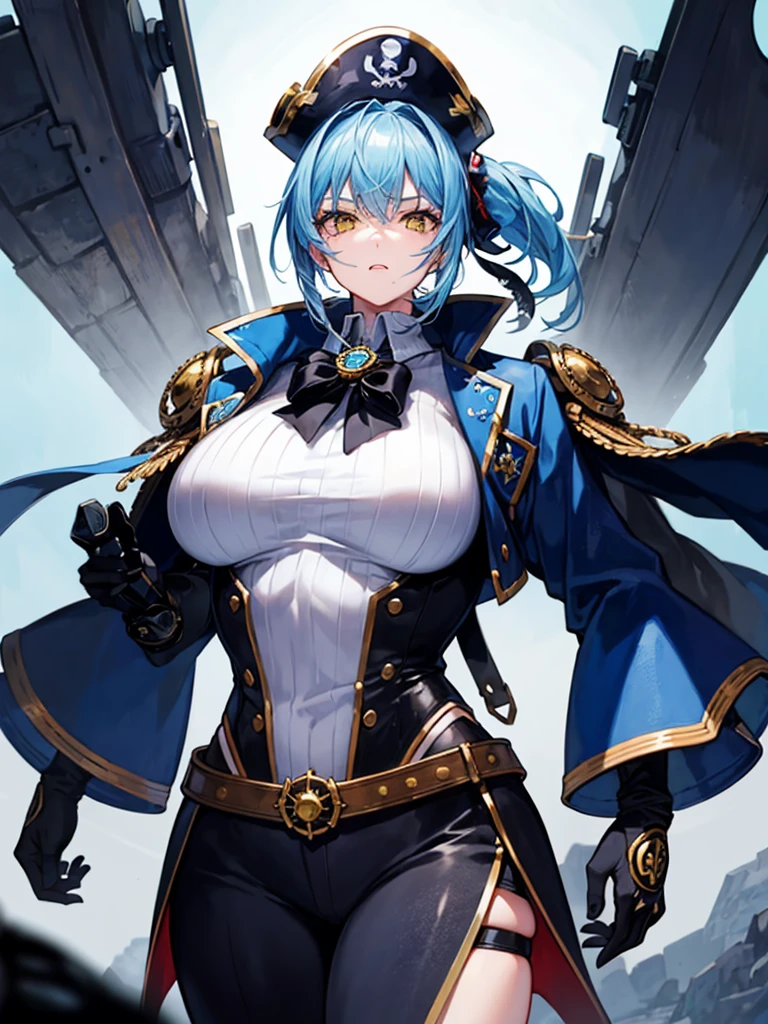 （（（masterpiece、Highest image quality、highest quality、highly detailed unity 8ｋwallpaper）））、（（Illustration of one girl、upper body））、（（（beautiful girl）））、（female pirate）、（Light light blue hair、short ponytail：1.2、yellow eyes）、（（（Right hand is a prosthetic hand、steampunk prosthetic arm）））、（（tall））、bulky figure, massive frame, thick neck, sturdy arms, powerful legs、（captain&#39;s suit、Pirate hat、Blue coat）、pier