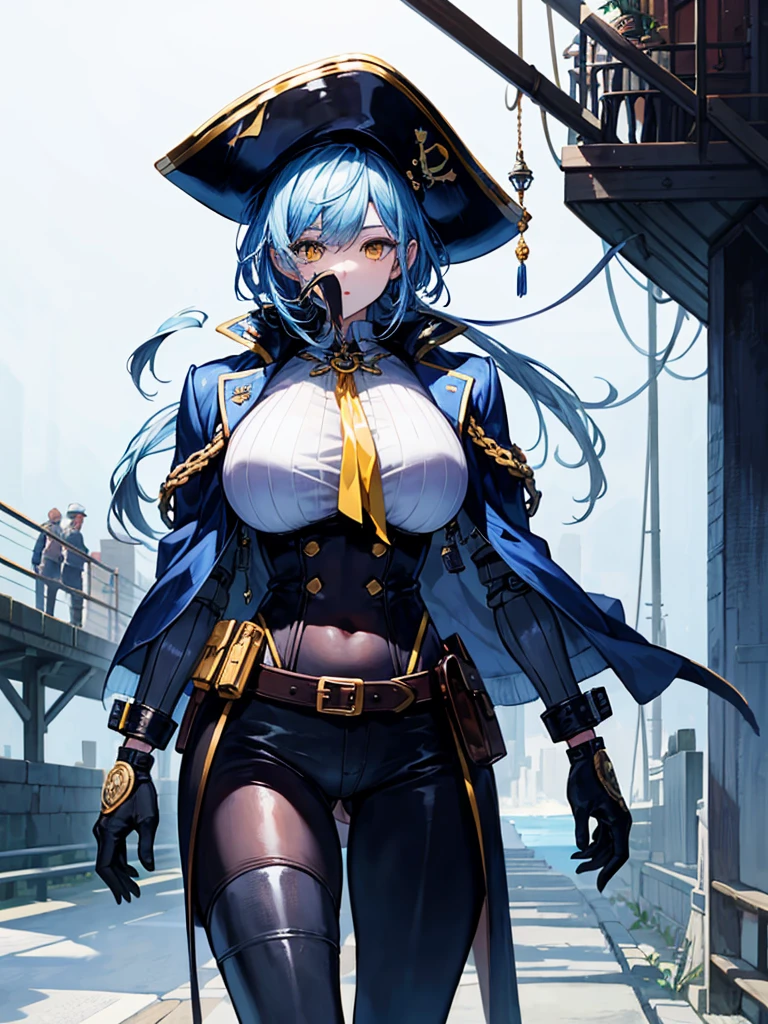 (((masterpiece、Highest image quality、highest quality、highly detailed unity 8kwallpaper)))、((Illustration of one girl、upper body))、(((beautiful girl)))、(female pirate)、(Light light blue hair、short ponytail:1.2、yellow eyes)、(((Right hand is a prosthetic hand、steampunk prosthetic arm)))、((tall))、bulky figure, massive frame, thick neck, sturdy arms, powerful legs、(captain's suit、Pirate hat、Blue coat)、pier