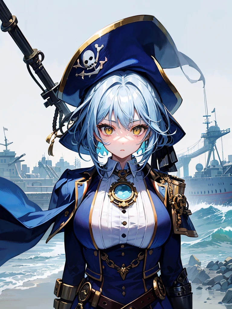 (((masterpiece、Highest image quality、highest quality、highly detailed unity 8kwallpaper)))、((Illustration of one girl、upper body))、(((beautiful girl)))、(female pirate)、(Light light blue hair、short ponytail:1.2、yellow eyes)、(((Right hand is a prosthetic hand、steampunk prosthetic arm)))、((tall))、bulky figure, massive frame, thick neck, sturdy arms, powerful legs、(captain's suit、Pirate hat、Blue coat)、pier
