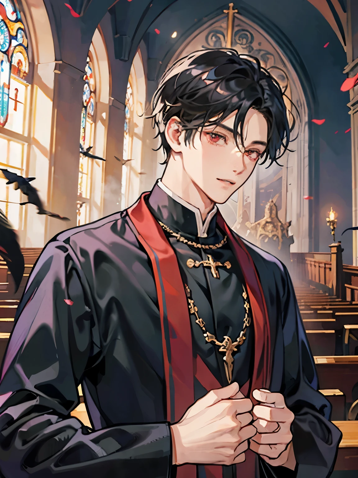 handsome man、one man、Black hair red eyes、slanted eyes、Poor eye appearance、father、Church's、detailed face、center division、double teeth、pray、Man with short hair、Handsome guy、Praying in Church、grin、Highest image quality