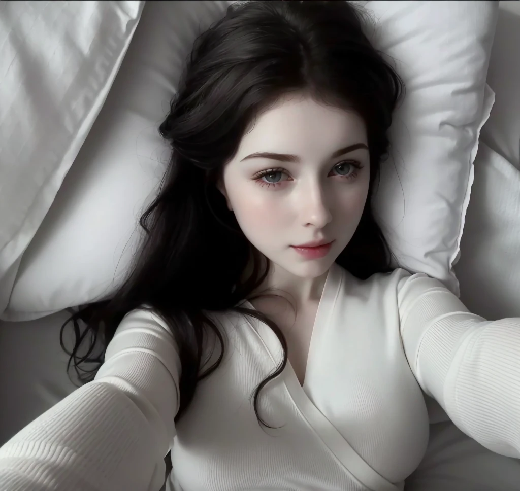 hay una mujer acostada en la cama con una almohada y un control remoto, soft pale white skin, pale skin suave natural, con pale skin, pale skin, suave e impecable, pale white skin, posando en la cama, pale skin y blanca como la nieve, cara hermosa y atractiva, pale porcelain white skin, pale ivory skin, chica persa de pale skin, pale skin y hermosa, pale skin y clara!!