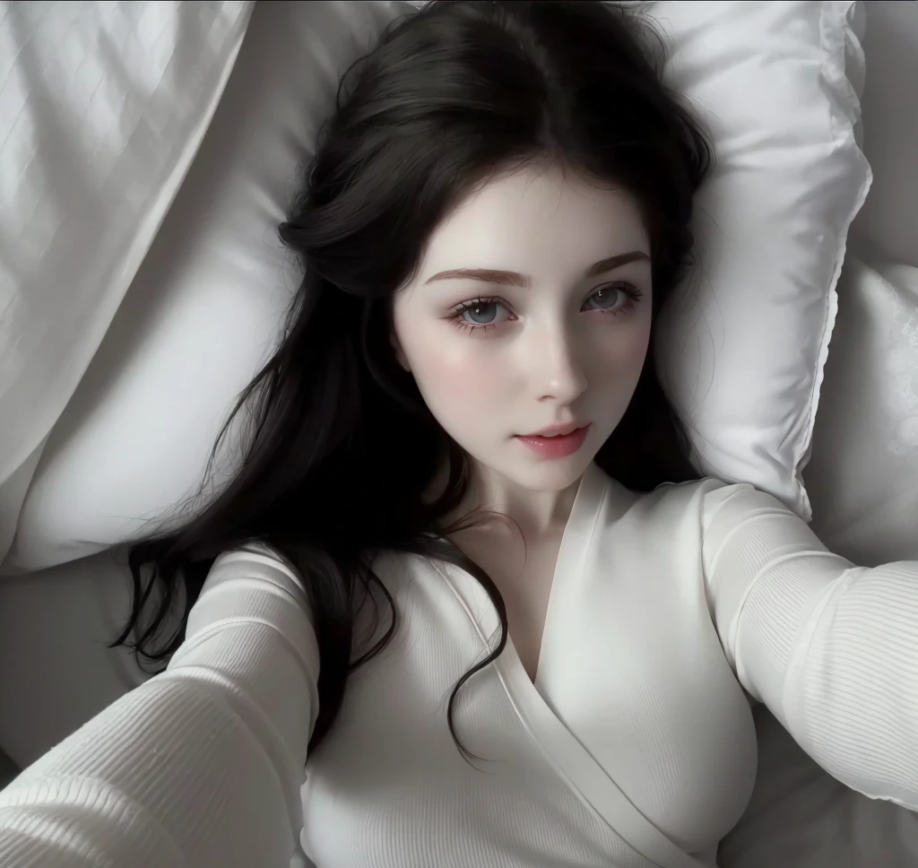 hay una mujer acostada en la cama con una almohada y un control remoto, soft pale white skin, pale skin suave natural, con pale skin, pale skin, suave e impecable, pale white skin, posando en la cama, pale skin y blanca como la nieve, cara hermosa y atractiva, pale porcelain white skin, pale ivory skin, chica persa de pale skin, pale skin y hermosa, pale skin y clara!!