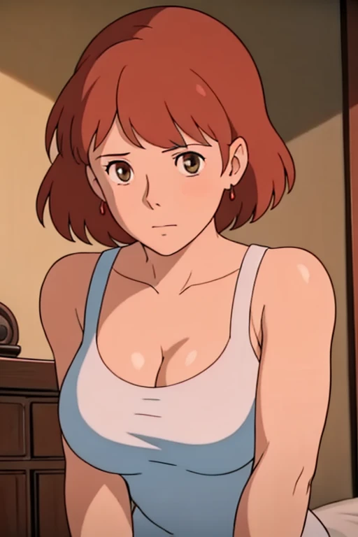 Nausicaa, 1girl, solo, cute, blush, slim, brown hair, (looking at away, cleavage), upper body, large breasts, (white tanktop), sit, bed, (perfect detailed anatomy, beautiful face&eyes, beautiful skin, perfect body)