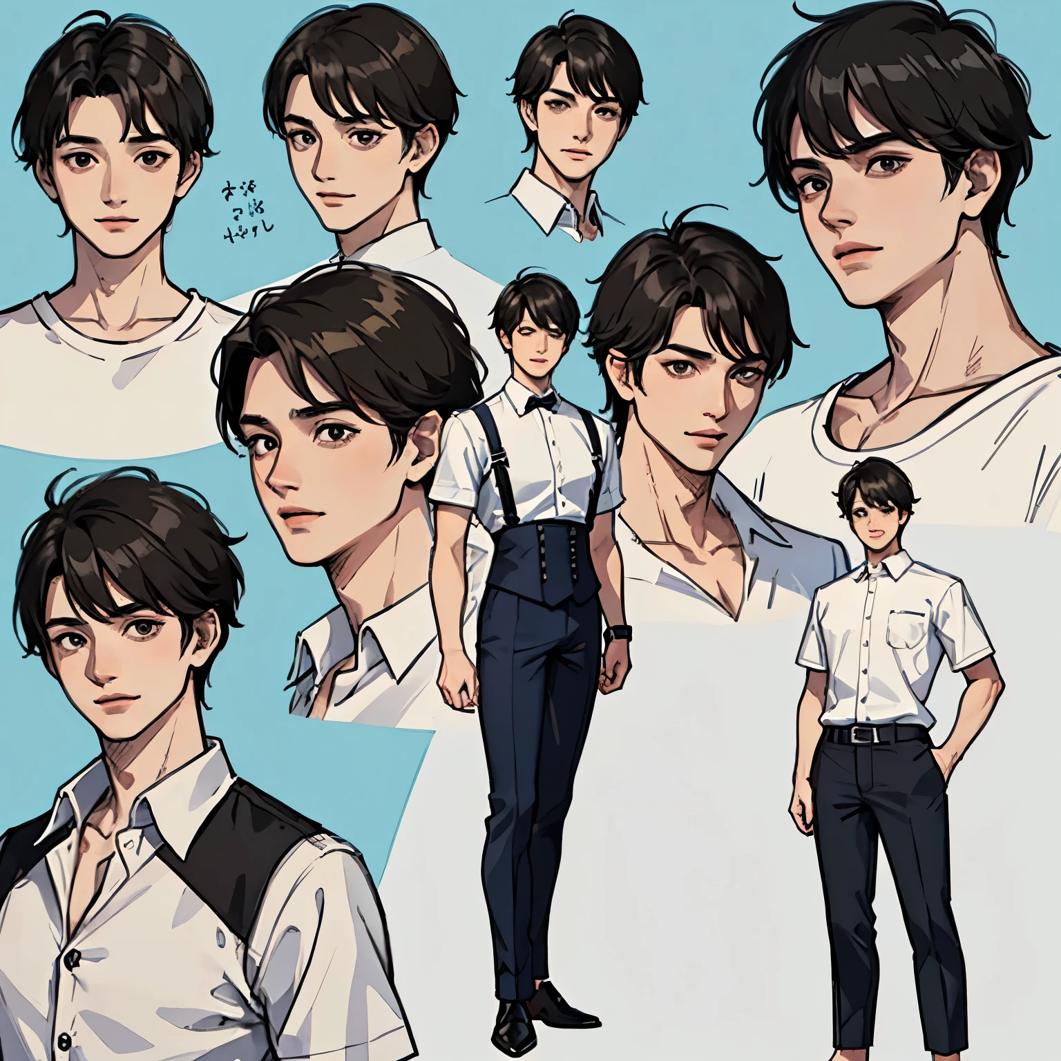 a boy character sheet, head view from different angles, eight different angles boy has black hair black eyes wearing white shirt and blue pants , masterpiece,