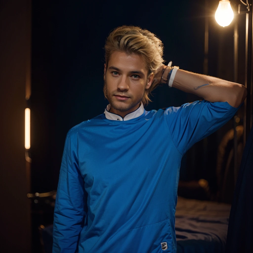 Foto RAW, Man, 1:1 indigente, canon 35mm, cinemactic, model, roupas modernas, fotorrealista, studio photoshoot, luzes, azul, Neon light, brasileiro, European, Porsche, sidecut hair, hairlights blonde