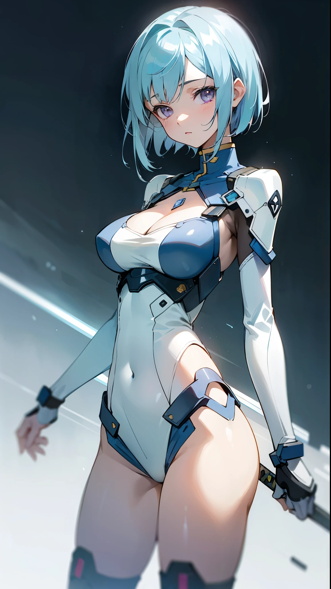 (big breasts),(masterpiece, highest quality )be familiar with, 1 text ,  pastel color fading , Cell shade , soft, Calm colors ,Gentle colors , blue archive art style battle:
She wears a costume that combines Sword Art Online and futuristic clothing. , Beautiful woman , Skinny Build , short bob hair style , light blue hair , purple eyes , white skin, , short  , 30 years old,Navel exposed,(cleavage)