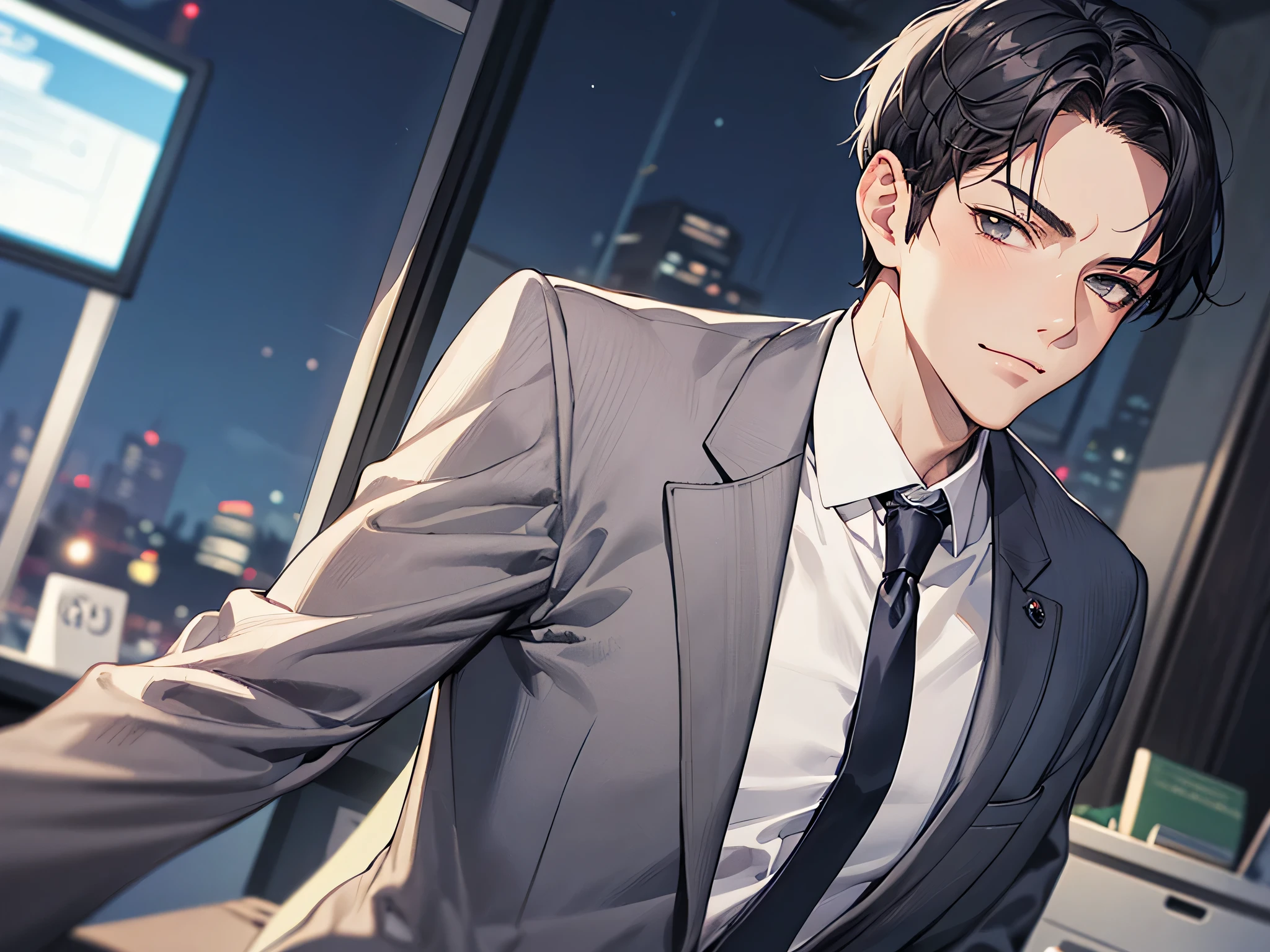 (forties),ビューアーにカベドン,((close up)),dramatic angle,masterpiece,shoot from below, upper body shot, business Suit,tie,man,solo,(40-year-old),Black top, short hair,looking at viewer,office,(night)