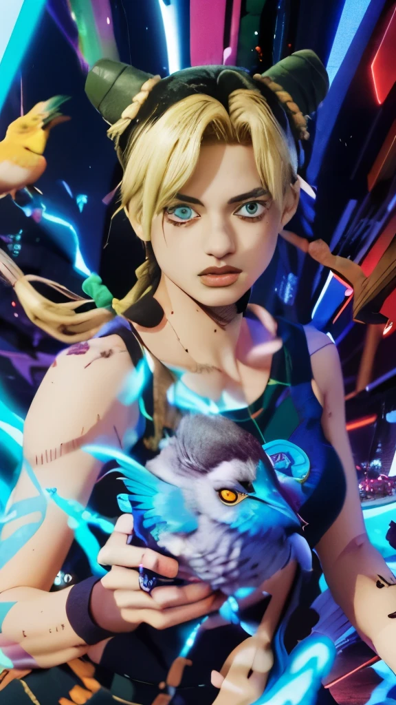 a girl with horns and a blue shirt holding a bird, jojo anime style, joseph joestar, dreamy psychedelic anime, in jojo\'s bizarre adventure, gyro zeppeli, psychedelic manga, annie leonhart in a neon city, sanji, anime styled digital art, official artwork, anime style digital art, vibrant fan art, trigger anime artstyle, epic anime style