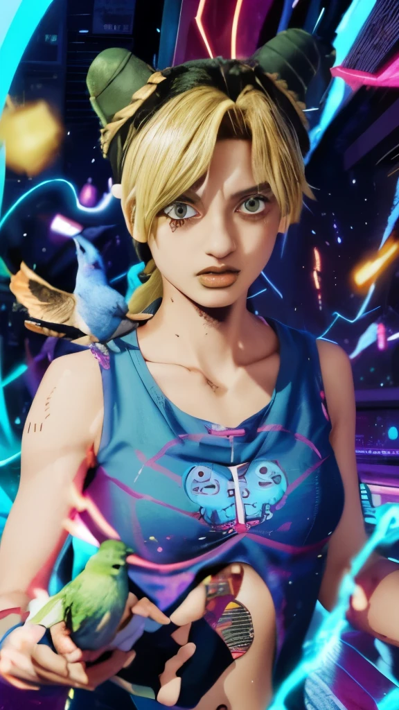a girl with horns and a blue shirt holding a bird, jojo anime style, joseph joestar, dreamy psychedelic anime, in jojo\'s bizarre adventure, gyro zeppeli, psychedelic manga, annie leonhart in a neon city, sanji, anime styled digital art, official artwork, anime style digital art, vibrant fan art, trigger anime artstyle, epic anime style