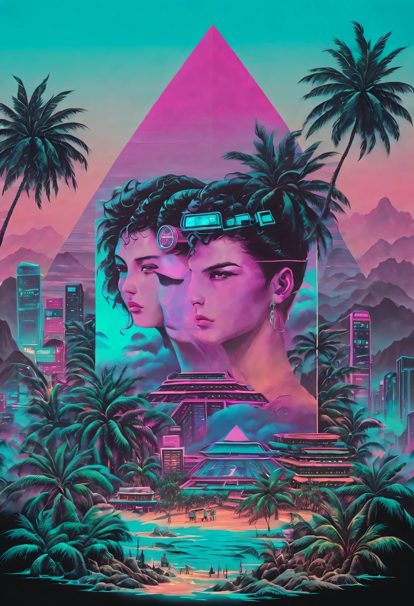 vaporwave头部和身体分开, Sculpture interior, double contact, cyberpunk city in background, Ink punk, Colorful neon lights，futuristic city, English characters，fantasy, matrix, desert, ocean, pyramid,Screen close-up,coconut tree, 24th century,Strong psychedelic colors and retro-future decadence,distressed and stylized, illusory、Collage、No order，dystopian、Lo-Fi、sample fusion jazigital、chiptune、Fault art、futuristic、High quality、dematerialized art、retro tech、Surrealism,vaporwave nostalgia, very vaporwave, maximalist vaporwave, vaporwave, vaporwave!, vaporwave aesthetics, cyberpunk vaporwave, 90s aesthetic, vaporwave art, 90s aesthetic, 90's aesthetic, hip hop vaporwave, vaporwave aesthetic, vaporwave cartoon, High resolution textures,All sorts (masterpiece:1.2), best quality, (super detailed, most detailed:1.2),