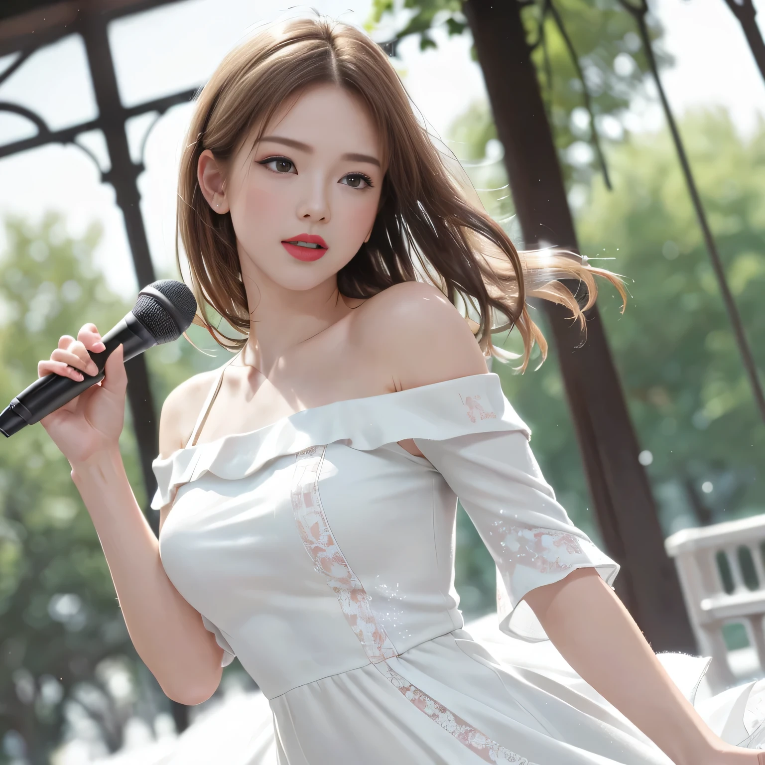 (8K, RAW photo, highest qualityの, masterpiece: 1.2), (realistic, realistic: 1.37), highest quality, ultra high resolution, Light leakage, dynamic lighting, Slim and smooth skin, (whole body:1.3), (soft saturation: 1.6), (Fair skin: 1.2), (Glossy skin: 1.1), oily skin, 22 years ago, night, shiny white blonde, well-shaped chest, hair blowing in the wind, whole bodyショット, Physically based rendering, from multiple angles, off shoulder pure white dress, red glitter lipstick white lace dress, (Daytime bandstand), （beautiful girl）, sing using a microphone, dancing