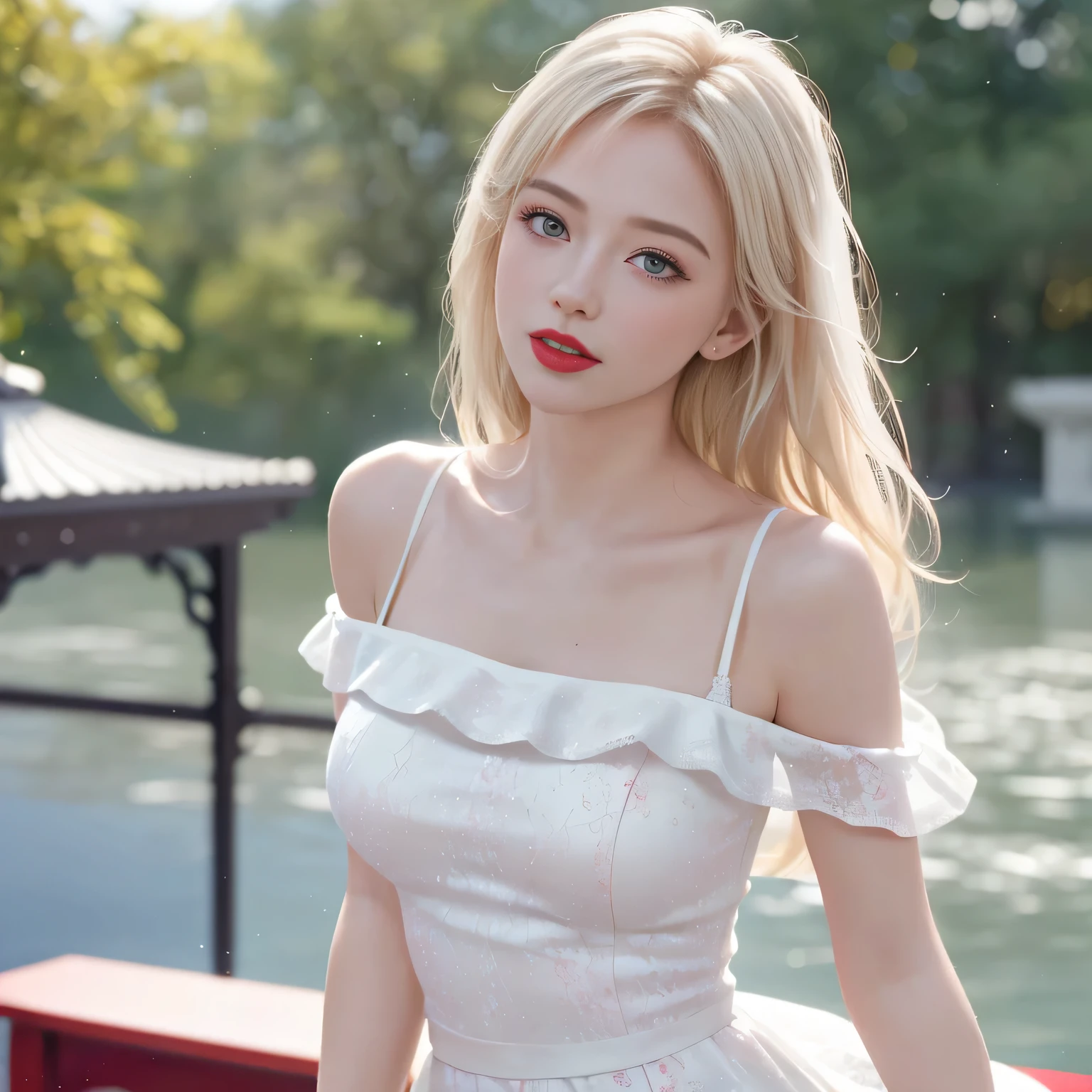 (8K, RAW photo, highest qualityの, masterpiece: 1.2), (realistic, realistic: 1.37), highest quality, ultra high resolution, Light leakage, dynamic lighting, Slim and smooth skin, (whole body:1.3), (soft saturation: 1.6), (Fair skin: 1.2), (Glossy skin: 1.1), oily skin, 22 years ago, night, shiny white blonde, well-shaped chest, hair blowing in the wind, whole bodyショット, Physically based rendering, from multiple angles, off shoulder pure white dress, red glitter lipstick white lace dress, (Daytime bandstand), （beautiful girl）, sing using a microphone, dancing