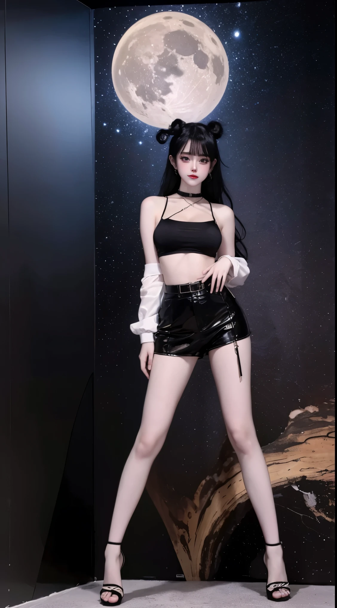 8K, hyper realisitc, tmasterpiece, Best quality at best, ultra - detailed, A high resolution, Random background, 1个Giant Breast Girl, (:1.5), Willow waist, Wide hips, knees, the night , completely naked , choker necklace, Closed heels,