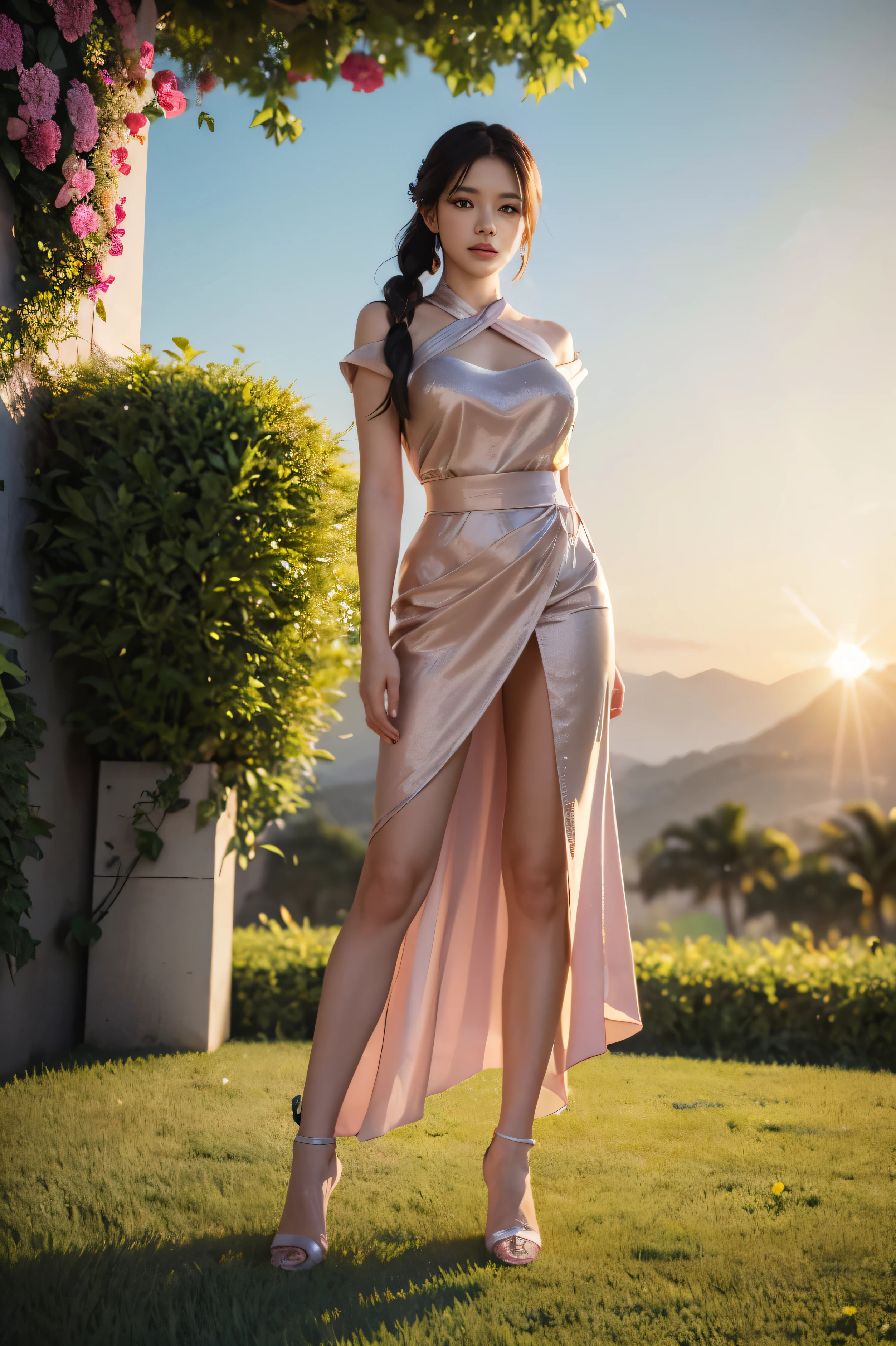sharp photoสมจริงที่สุด สร้างภาพสาวbeautiful
ไทย,About 30 years old, สวมsetค็อกเทลชั้นสูง., set,code: Applied Thai cotton
,golden purple,beautiful, elegant, dazzling, The skirt is long and covers the feet..,Posing with an elegant posture,Close-up of full body standing in green grass park with shoulder length hairstyle.,background etc.. Pink and white bougainvillea flowers,mountain,Sunrise,sharp photo,3D,10