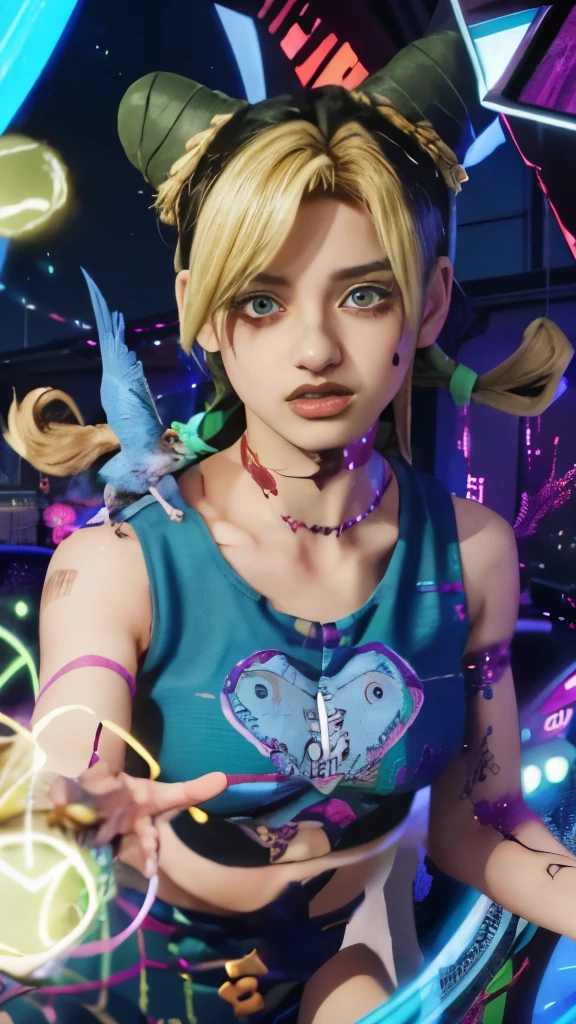 a girl with horns and a blue shirt holding a bird, jojo anime style, joseph joestar, dreamy psychedelic anime, in jojo\'s bizarre adventure, gyro zeppeli, psychedelic manga, annie leonhart in a neon city, sanji, anime styled digital art, official artwork, anime style digital art, vibrant fan art, trigger anime artstyle, epic anime style