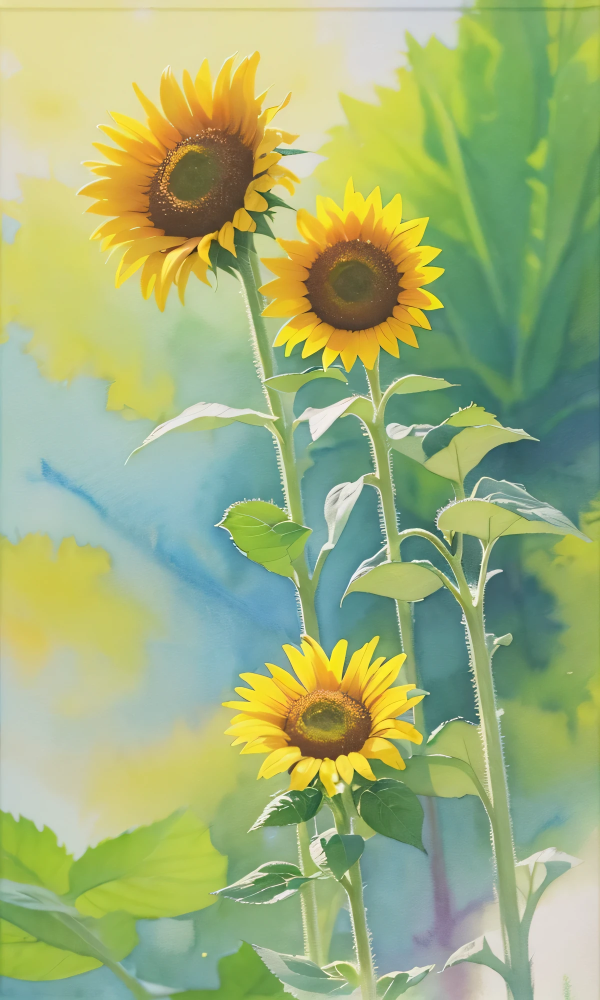 painting of a sunflower with a yellow center and green leaves, sunflower, watercolor painting, watercolor painting, by Lynn Pauley, by Mandy Jurgens, author:Dora'Expedition, Inspired by Sun Junze, watercolor, watercolor, sunflowers, leaning towards watercolor, author:Adrian Henzner Dick, watercolor