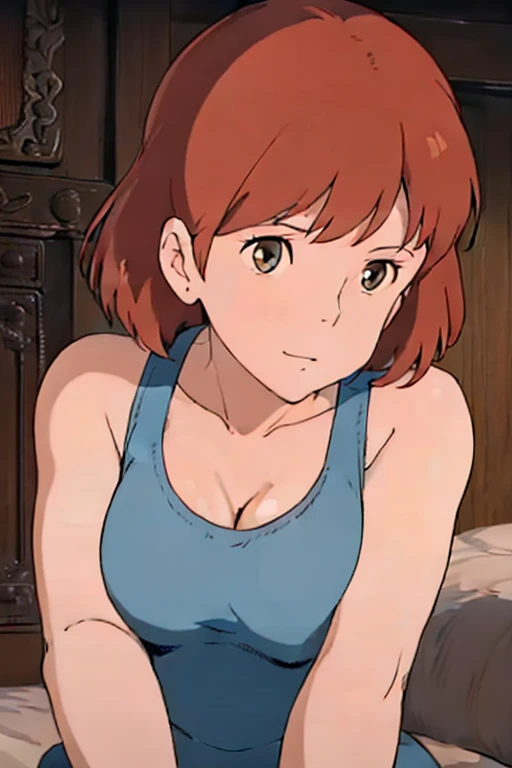 Nausicaa, 1girl, solo, brown hair, (looking at away, cleavage), upper body, large breasts, (white tanktop), sit, bed, (perfect detailed anatomy, beautiful face&eyes, beautiful skin, perfect body)