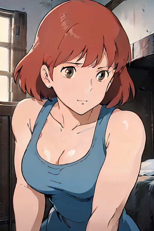Nausicaa, 1girl, solo, brown hair, (looking at away, cleavage), upper body, large breasts, (white tanktop), sit, bed, (perfect detailed anatomy, beautiful face&eyes, beautiful skin, perfect body)