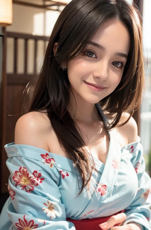 (mesa, Mejor calidad:1.4), Hermoso rostro, 8k, 85mm, absurdo, (Yukata con estampado floral:1.4), La parte superior del cuerpo, Exponiendo los senos、 violacea, Gardeniass, chica delicada, Solo, noche, mirando al espectador, parte superior del cuerpo, film grain, chromatic aberration, Sharp focus, luces de cara, professional lighting, Sofisticado, (Sonrisa:0.4), escote, (Fondo simple, fondo bokeh:1.2), Detalle de cara, hombros descubiertos, off-shoulder