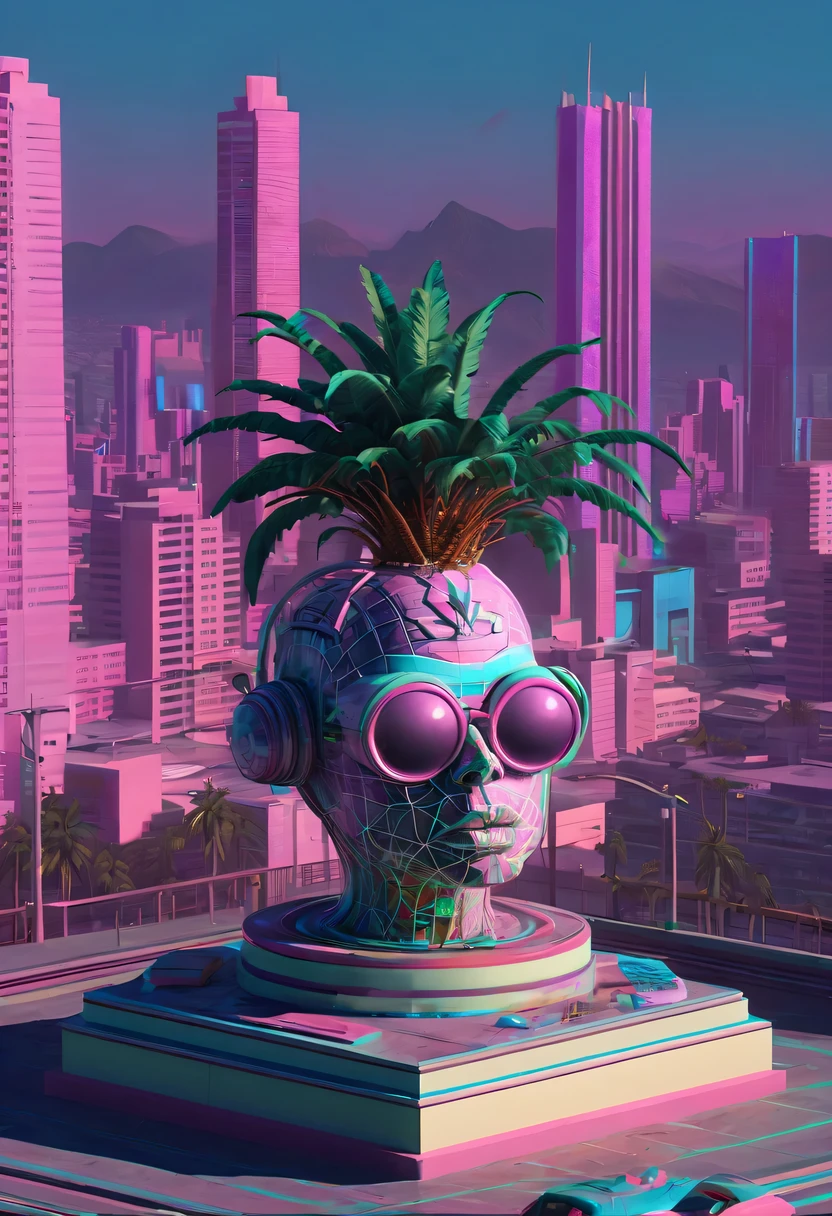 The head and body are separate, Sculpture interior,  double contact, cyberpunk city in background, Ink punk, Colorful neon lights，futuristic city, fantasy, matrix, desert, ocean, pyramid， coconut tree, 24th century, vaporwave nostalgia, very vaporwave, maximalist vaporwave, vaporwave, vaporwave!, vaporwave aesthetics, cyberpunk vaporwave, 90s aesthetic, vaporwave art, 90s aesthetic, 90's aesthetic, hip hop vaporwave, vaporwave aesthetic, vaporwave cartoon, High resolution textures,All sorts (masterpiece:1.2), best quality, (super detailed, most detailed:1.2),