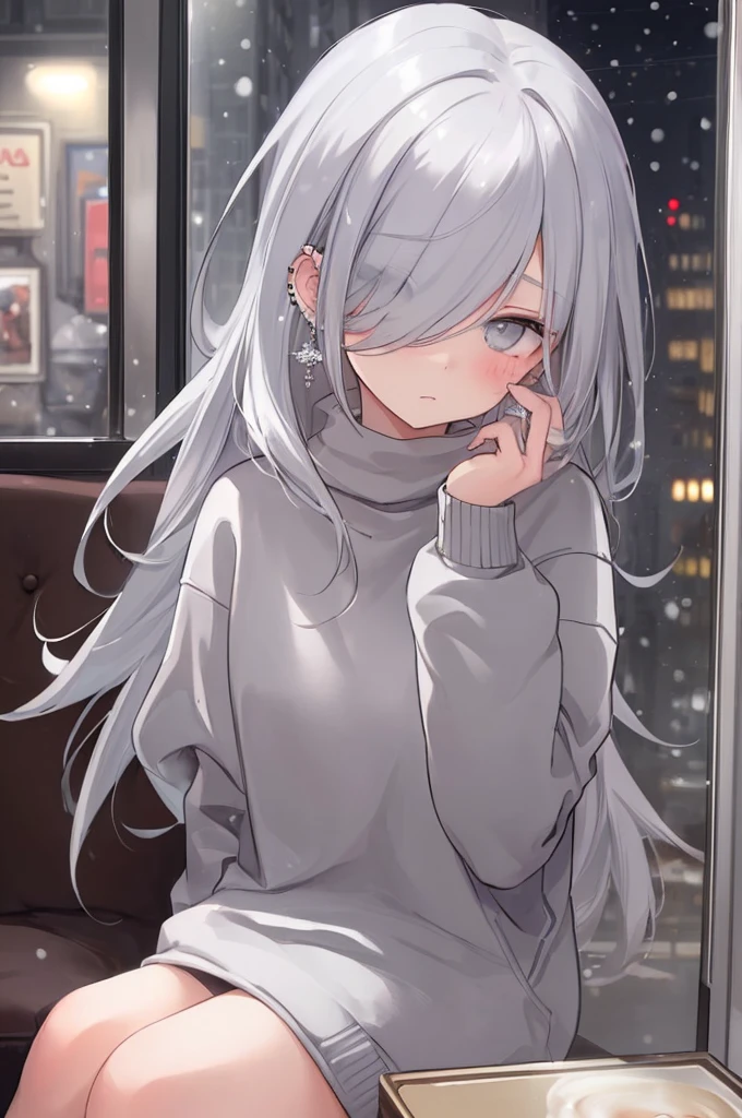 ((masterpiece:1.4, best quality:1.2)), 1girl, solo focus, beautiful skin, blush, grey sweatshirt, long white hair, grey eyes, sitting, earrings, Hands piercing, coffee shop window, night, snowing, cityscape, tall female, beautiful and delicate female, comfy ambience, {detailed background}, hair over one eye, shy, sexy, naked,
