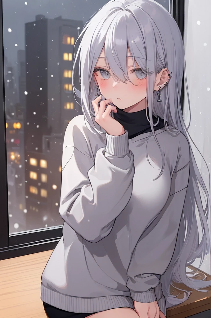 ((masterpiece:1.4, best quality:1.2)), 1girl, solo focus, beautiful skin, blush, grey sweatshirt, long white hair, grey eyes, sitting, earrings, Hands piercing, coffee shop window, night, snowing, cityscape, tall female, beautiful and delicate female, comfy ambience, {detailed background}, hair over one eye, shy, sexy, naked,