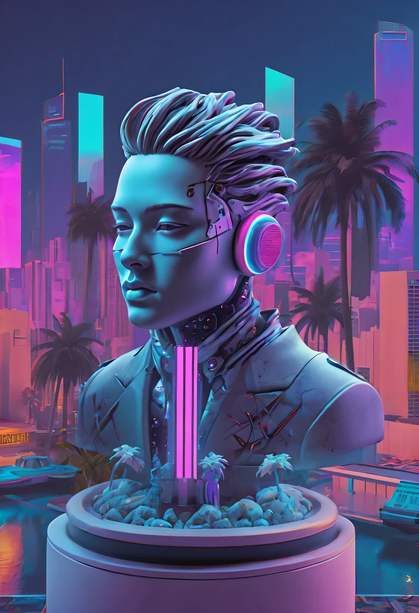 The head and body are separate, Sculpture interior, cyberpunk city in background, Ink punk, double contact, Colorful neon lights，futuristic city, fantasy, matrix, desert, ocean, pyramid， coconut tree, 24th century, vaporwave nostalgia, very vaporwave, maximalist vaporwave, vaporwave, vaporwave!, vaporwave aesthetics, cyberpunk vaporwave, 90s aesthetic, vaporwave art, 90s aesthetic, 90's aesthetic, hip hop vaporwave, vaporwave aesthetic, vaporwave cartoon, High resolution textures,All sorts (masterpiece:1.2), best quality, (super detailed, most detailed:1.2),