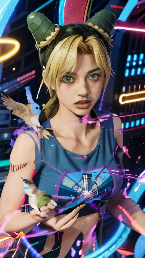 a girl with horns and a blue shirt holding a bird, jojo anime style, joseph joestar, dreamy psychedelic anime, in jojo\'s bizarre adventure, gyro zeppeli, psychedelic manga, annie leonhart in a neon city, sanji, anime styled digital art, official artwork, anime style digital art, vibrant fan art, trigger anime artstyle, epic anime style