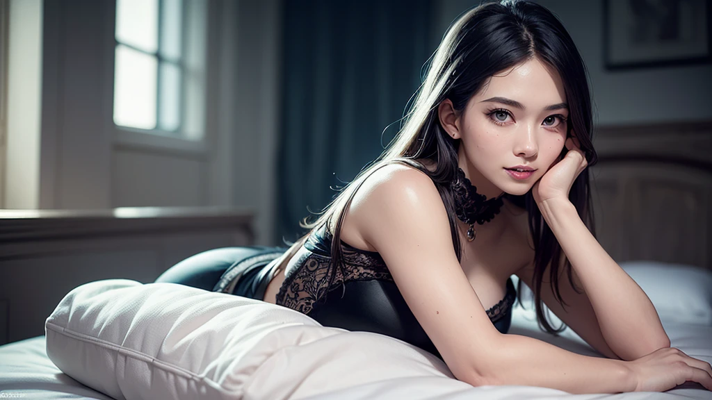 (Beautiful 25-year-old Hong Kong beauty, Black and White Strapless Deep-V Evening Gown,miniskirt,),((Realistic lighting, best quality), 8k, masterpiece:1.3)),intricate details, sharp focus:1.2, 1 girl, Beautiful woman with perfect figure:1.4, slim abs:1.1, ((colorful hair)),Lie on the bed indoors,Super thin face,beautiful eyes,double eyelids,,sharp teeth, Grinning,Leaks out of the entire delicate breast, (Galactic Shaman with Quantum Energy Fantasy), Fantasy magic, Long hairstyles, dark light night, complex, ethereal, sharp focus, illustration, Very detailed, number, concept art, matte, (The Art of WLOP), (Beautiful 25-year-old Hong Kong beauty, black and white corset,miniskirt,),((Realistic lighting, best quality), 8k, masterpiece:1.3)),intricate details, sharp focus:1.2, 1 girl, Beautiful woman with perfect figure:1.4, slim abs:1.1, ((colorful hair)),Lie on the bed indoors,Super thin face,beautiful eyes,double eyelids,,sharp teeth, Grinning,Leaks out of the entire delicate breast, (Galactic Shaman with Quantum Energy Fantasy), Fantasy magic, Long hairstyles, dark light night, complex, ethereal, sharp focus, illustration, Very detailed, number, concept art, matte, (The Art of WLOP),