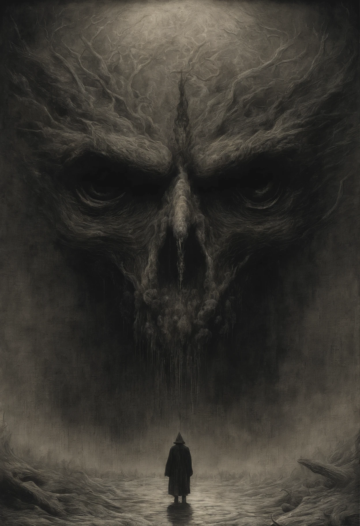 Mythological creatures, Por Zdzislaw Beksinski e Van Gogh, Album cover art, Roma, surrealismo, futurista ,satan, coral, mago, abstrair, Escuro, vermelho, inferno, paisagem, pesadelos, medo, Crueldade, ANGUISH, calamidade, Sombras, monstros