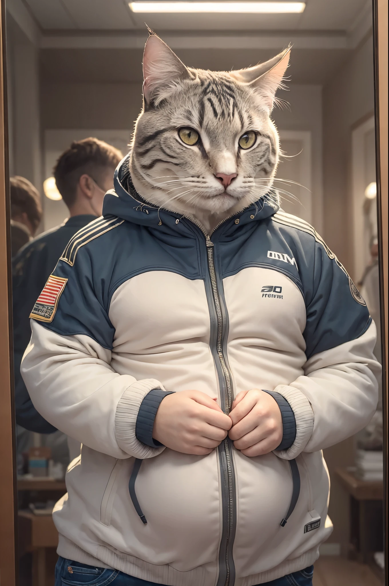 A fat cat in a down jacket looks at his belly in a store mirror