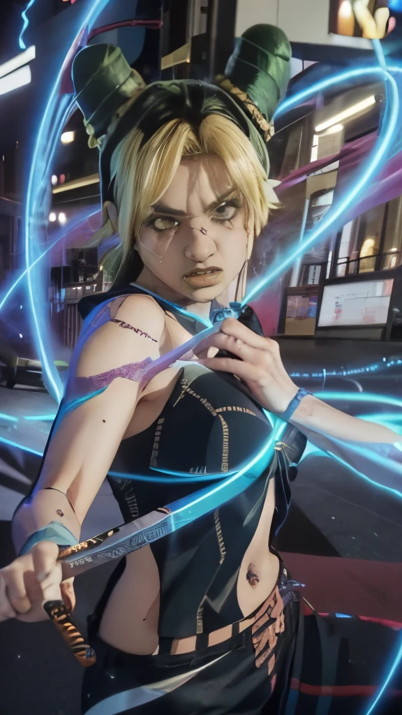 anime girl with a sword and a blue ring, demon slayer rui fanart, demon slayer artstyle, epic anime style, advanced digital anime art ”, annie leonhart in a neon city, trigger anime artstyle, key anime art, anime epic artwork, high quality colored sketch, official artwork, annie leonhart, sanji, detailed digital anime art, striking manga artstyle