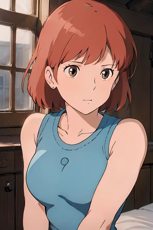 (masterpiece, best quality, high resolution, anime screencap, anime colored, 8k, photorealistic), Nausicaa, 1girl, solo, brown hair, (looking at away, ), upper body, large breasts, tanktop), sit, bed, (perfect detailed anatomy, beautiful face&eyes, beautiful skin, perfect body)