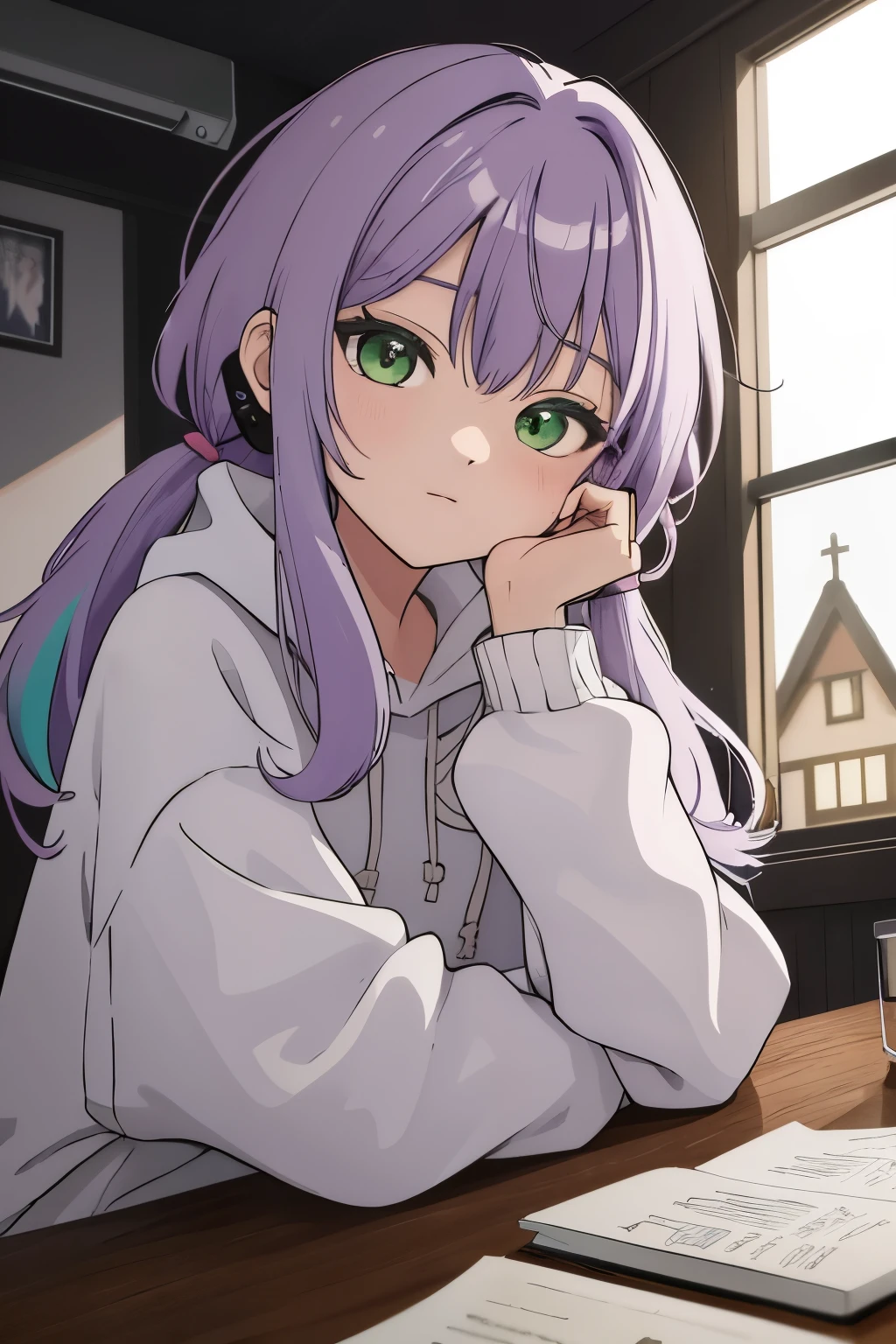 Scene View,null,anime style, house light ,night,headrest, intense angle, Curtsey,(Light purple hair)、medium hair、large round green eyes、winter scenery,highest quality、Multicolored hair、((indoor))、headphone、white hoodie,low twintails