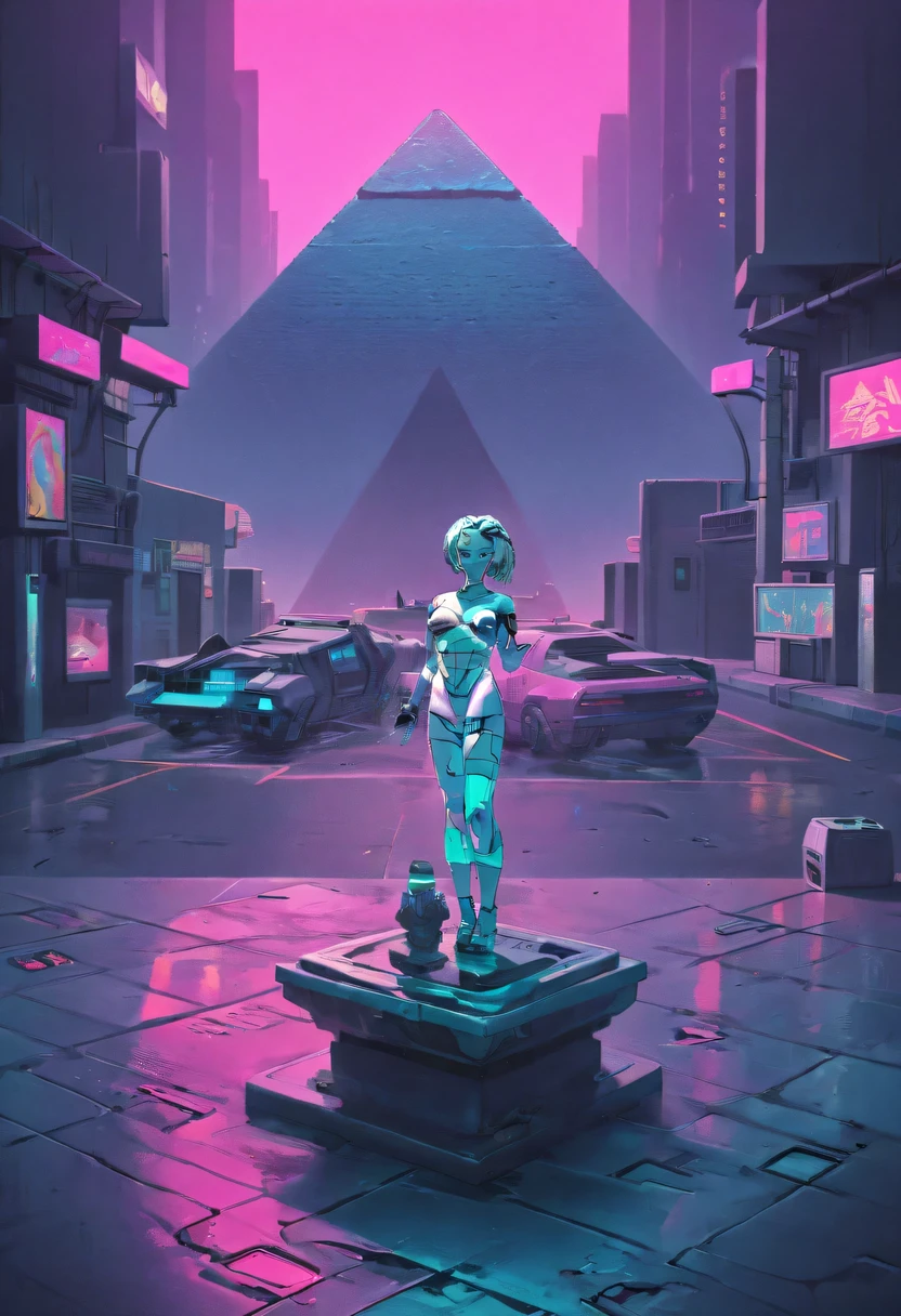 The head and body are separate, Sculpture interior, cyberpunk city in background, Ink punk, Double contact, Colorful neon lights，futuristic city, fantasy, matrix, desert, ocean, pyramid，24th century, vaporwave nostalgia, very vaporwave, maximalist vaporwave, vaporwave, vaporwave!, vaporwave aesthetics, cyberpunk vaporwave, 90s aesthetic, vaporwave art, 90s aesthetic, 90's aesthetic, hip hop vaporwave, vaporwave aesthetic, vaporwave cartoon, High resolution textures,All sorts (masterpiece:1.2), best quality, (super detailed, most detailed:1.2),