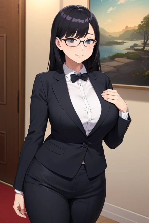 Beautiful woman、(highest quality、4K、8K、High resolution、masterpiece: 1.2)、whole bodyポートレート、whole body、日本のBeautiful woman、nice smiling woman、large breasts、black hair、woman in suit、wore glasses、Suit with open chest