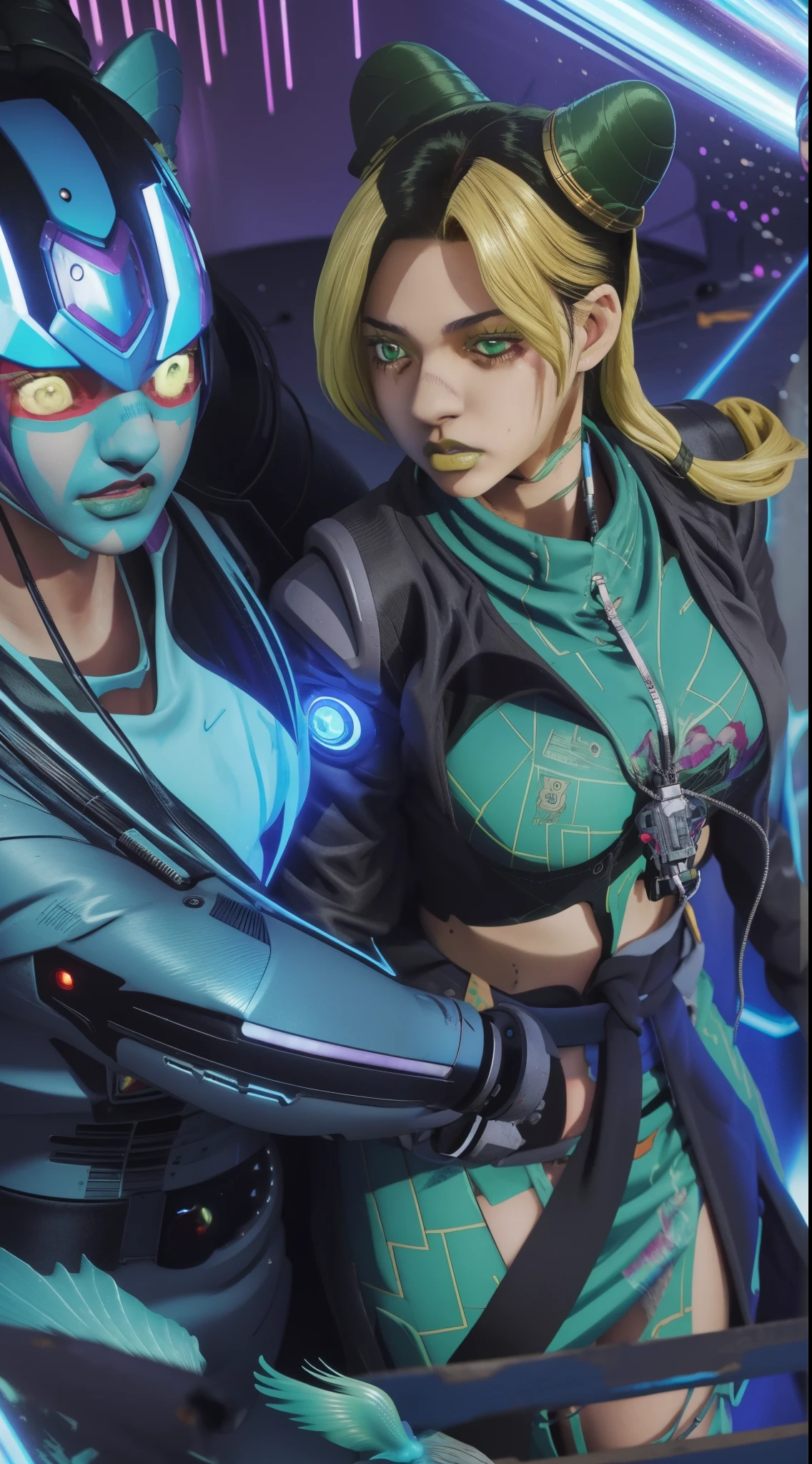 a couple of anime characters standing next to each other, anime robotic mixed with organic, digital cyberpunk anime!!, digital cyberpunk - anime art, cyber space cowboy, mermaid cyborg with a laser whip, modern sci-fi anime, sci-fi anime, anime cyberpunk, sci fi anime, modern cyberpunk anime, digital cyberpunk anime art, anime cyberpunk art, battle angel manga