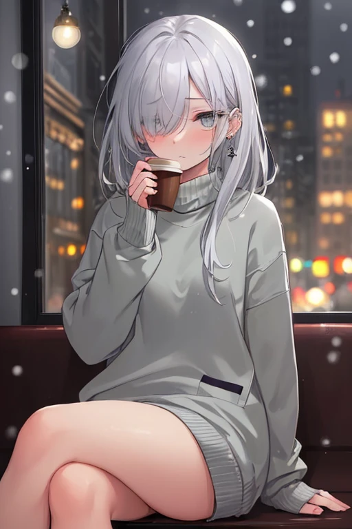 ((masterpiece:1.4, best quality:1.2)), 1girl, solo focus, beautiful skin, blush, grey sweatshirt, long white hair, grey eyes, sitting, earrings, Hands piercing, coffee shop window, night, snowing, cityscape, tall female, beautiful and delicate female, comfy ambience, {detailed background}, hair over one eye, shy, sexy, naked,