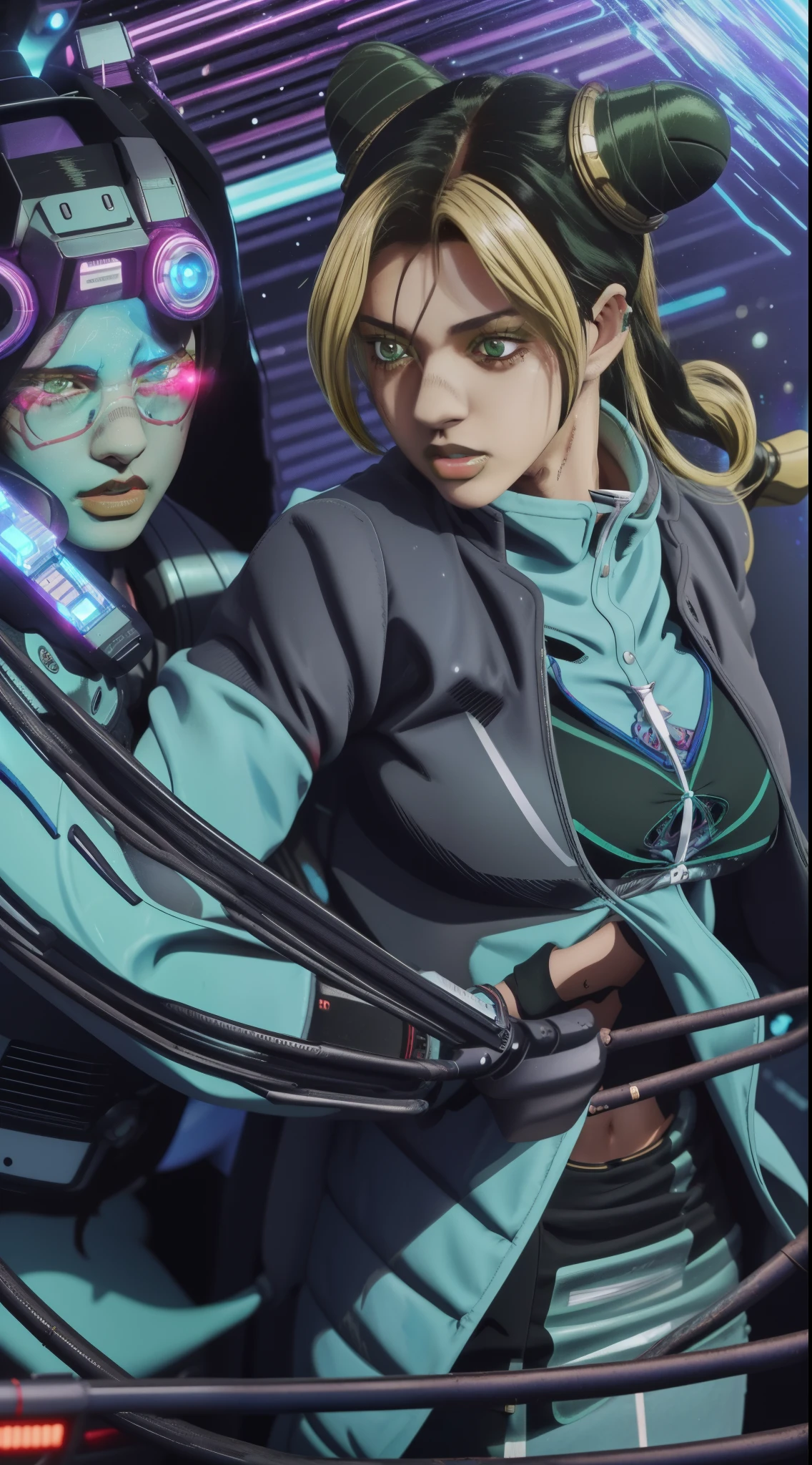 a couple of anime characters standing next to each other, anime robotic mixed with organic, digital cyberpunk anime!!, digital cyberpunk - anime art, cyber space cowboy, mermaid cyborg with a laser whip, modern sci-fi anime, sci-fi anime, anime cyberpunk, sci fi anime, modern cyberpunk anime, digital cyberpunk anime art, anime cyberpunk art, battle angel manga