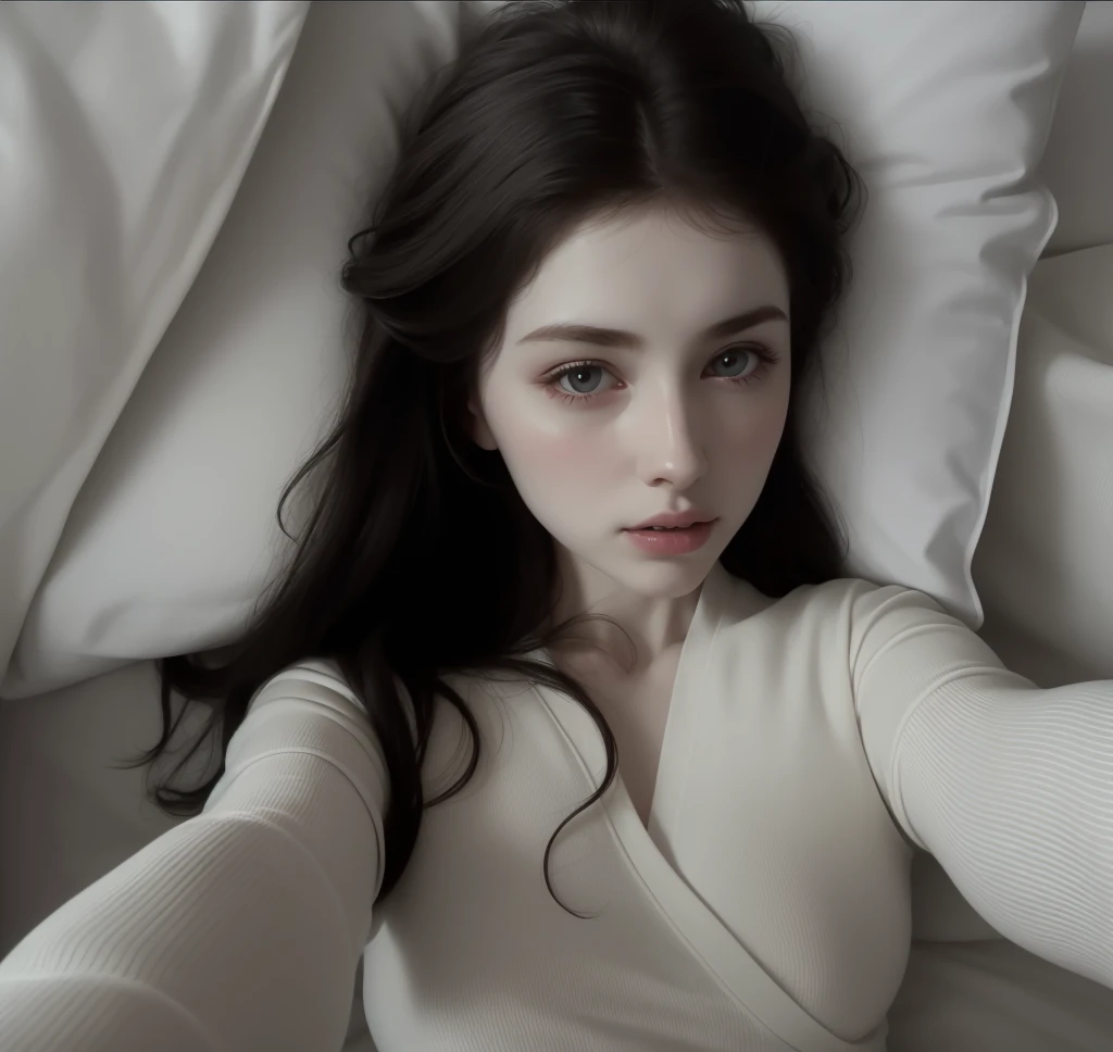 Arafed woman lying in bed with white sheets and pillows., soft pale white skin, pale skin suave natural, con pale skin, pale skin, suave e impecable, pale white skin, posando en la cama, pale porcelain white skin, pale skin y hermosa, pale skin y blanca como la nieve, pale ivory skin, pale skin y brillante, pale skin y clara!!, chica persa de pale skin