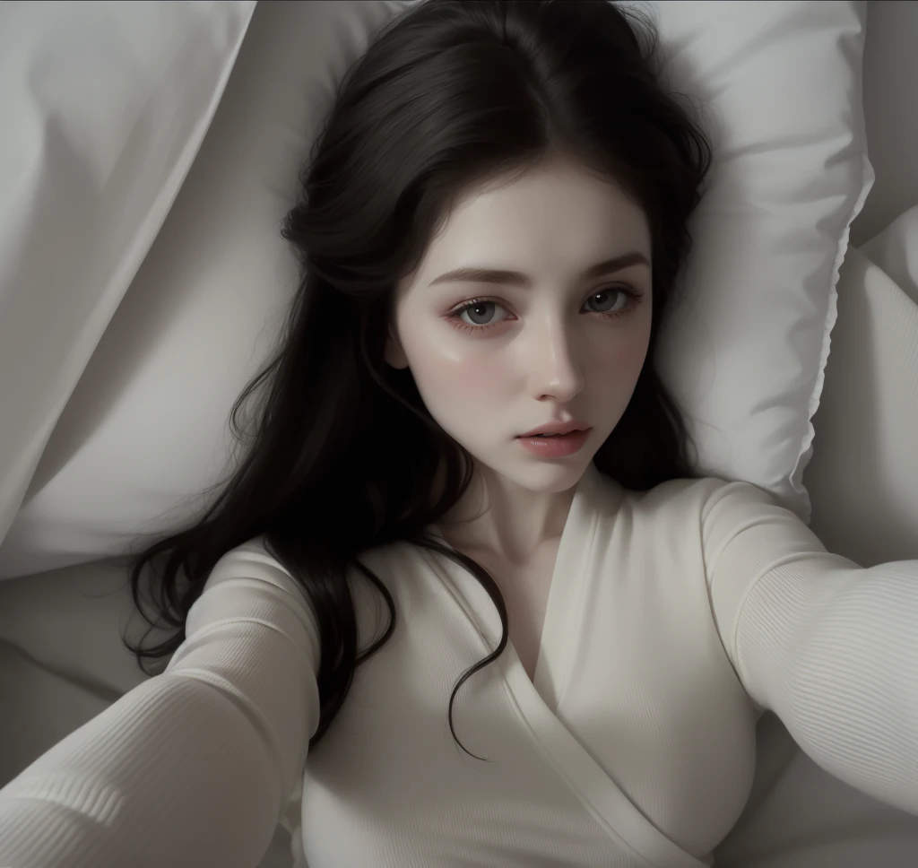 Arafed woman lying in bed with white sheets and pillows., soft pale white skin, pale skin suave natural, con pale skin, pale skin, suave e impecable, pale white skin, posando en la cama, pale porcelain white skin, pale skin y hermosa, pale skin y blanca como la nieve, pale ivory skin, pale skin y brillante, pale skin y clara!!, chica persa de pale skin