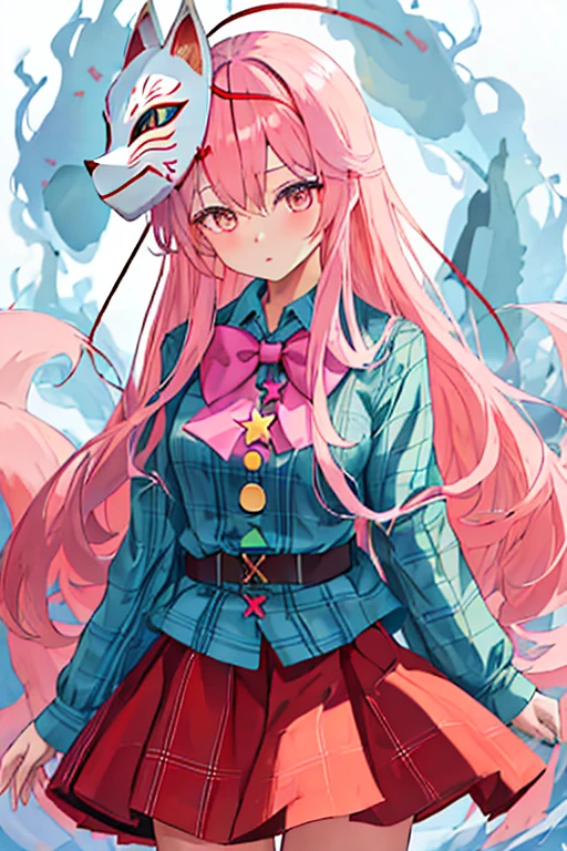 highest quality, masterpiece, High resolution, 一人in, {hina_no_mind_East:1.15}, length_hair, pink_hair, pink_eye, Plaid, bow, Expressionless, 前hair, bowtie, very_length_hair, hair_between_eye, 1 girl, bubble_skirt, Fox_mask, length_dispel, looking for_in_viewer, mask, Plaid_shirt, shirt, skirt, wide_dispel, noh_mask