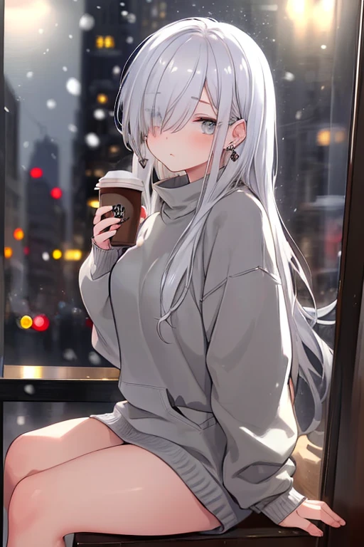 ((masterpiece:1.4, best quality:1.2)), 1girl, solo focus, beautiful skin, blush, grey sweatshirt, long white hair, grey eyes, sitting, earrings, Hands piercing, coffee shop window, night, snowing, cityscape, tall female, beautiful and delicate female, comfy ambience, {detailed background}, hair over one eye, shy, sexy, naked,