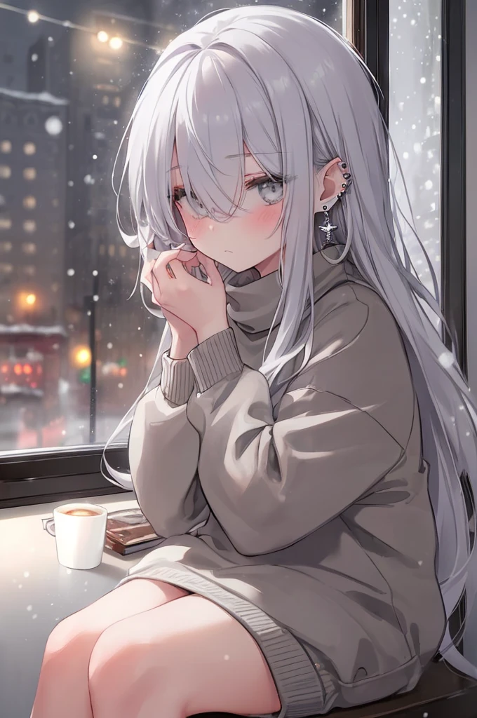 ((masterpiece:1.4, best quality:1.2)), 1girl, solo focus, beautiful skin, blush, grey sweatshirt, long white hair, grey eyes, sitting, earrings, Hands piercing, coffee shop window, night, snowing, cityscape, tall female, beautiful and delicate female, comfy ambience, {detailed background}, hair over one eye, shy, sexy, naked,