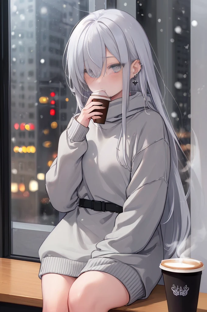 ((masterpiece:1.4, best quality:1.2)), 1girl, solo focus, beautiful skin, blush, grey sweatshirt, long white hair, grey eyes, sitting, earrings, Hands piercing, coffee shop window, night, snowing, cityscape, tall female, beautiful and delicate female, comfy ambience, {detailed background}, hair over one eye, shy, sexy, naked,